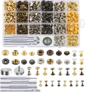 400 Set 4 Style Snap Fasteners Kit Including Leather Rivets, Eyelets, Grommets, Binding Screws, Snap Buttons Press Studs Kit with Fixing Tools for Thin Leather, Jacket, Jeans Wear