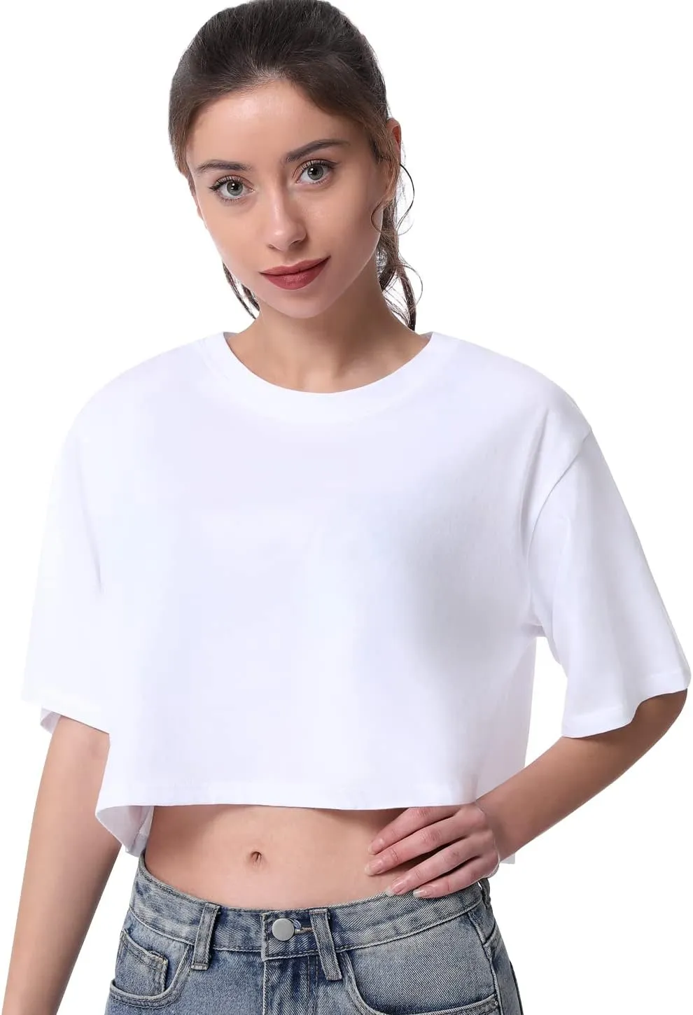 Cosy Pyro 4-Pack Women's Cotton Crop T-Shirts Short Sleeve Solid Cropped Athletic Top Round Neck Casual Workout Yoga Tees