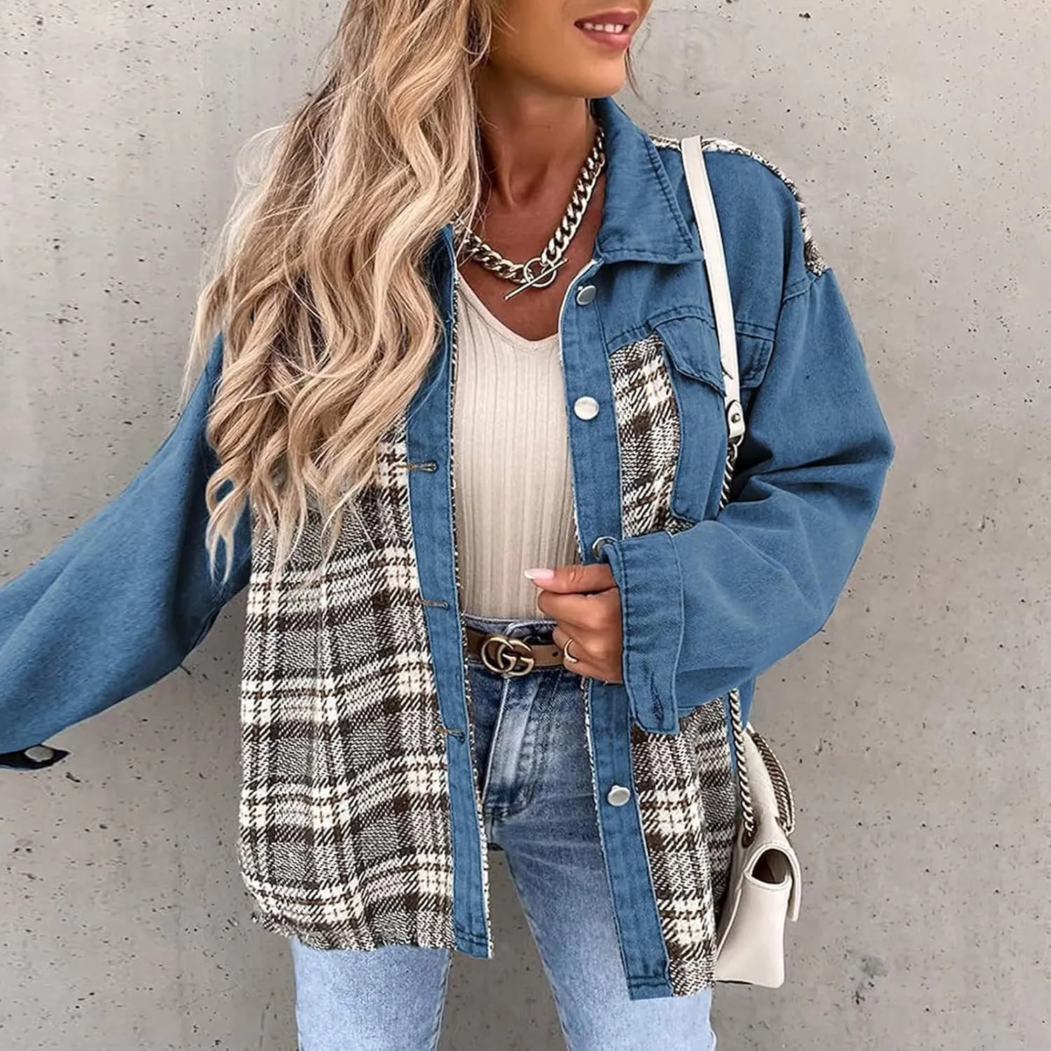 Denim Jackets for Women Casual Fall Fashion 2024 Plaid Shacket Long Sleeve Button Down Shirts Jackets Fall Outfits