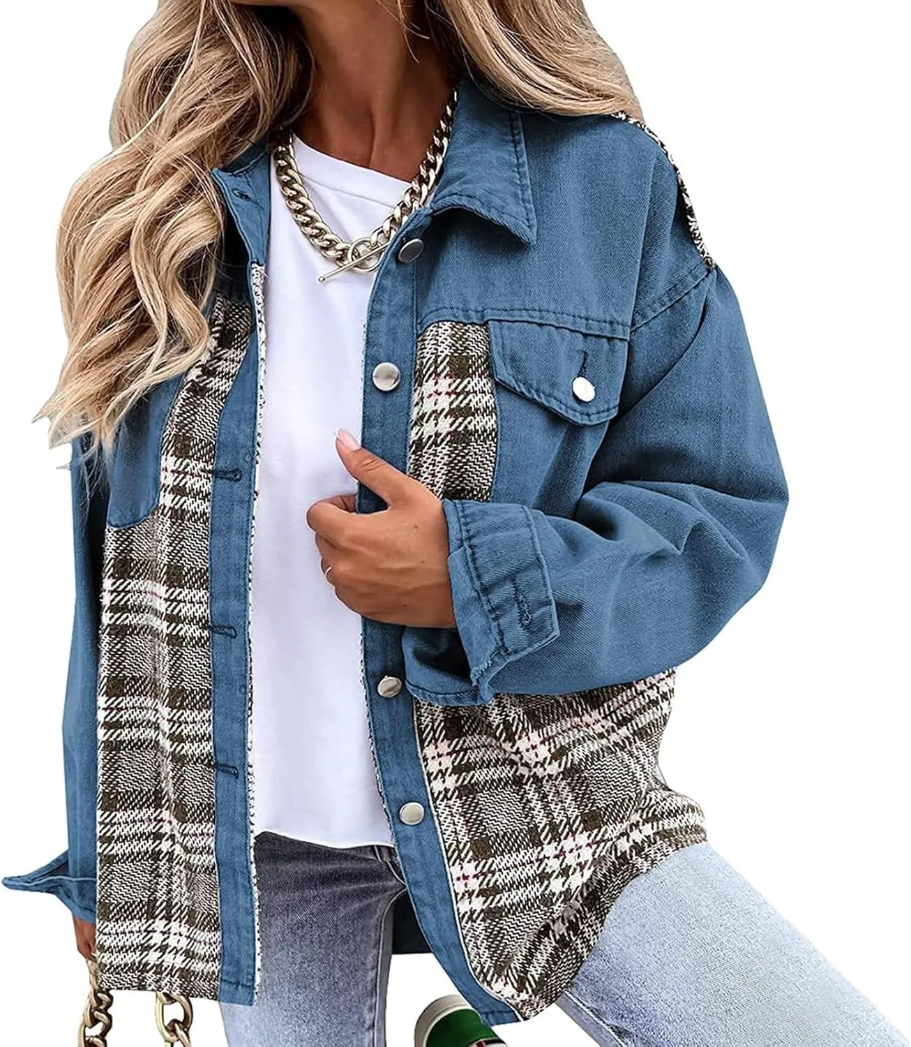 Denim Jackets for Women Casual Fall Fashion 2024 Plaid Shacket Long Sleeve Button Down Shirts Jackets Fall Outfits