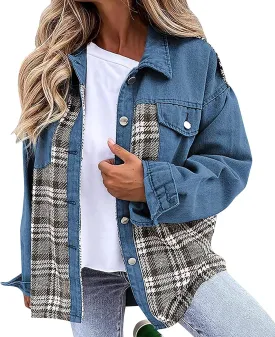 Denim Jackets for Women Casual Fall Fashion 2024 Plaid Shacket Long Sleeve Button Down Shirts Jackets Fall Outfits
