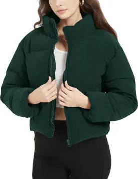 Flygo Womens Cropped Corduroy Puffer Jacket Winter Jackets Warm Long Sleeve Zip Quilted Down Puffer Coat