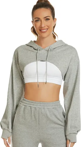 Flygo Women's Cut Out Super Cropped Hoodie Long Sleeve Hooded Sweatshirt Pullover Active Top