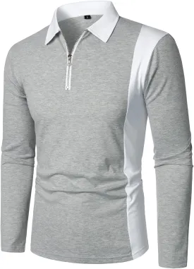 HOOD CREW Mens Long Sleeve Polo Shirts Fashion Color Block Zipper T Shirts