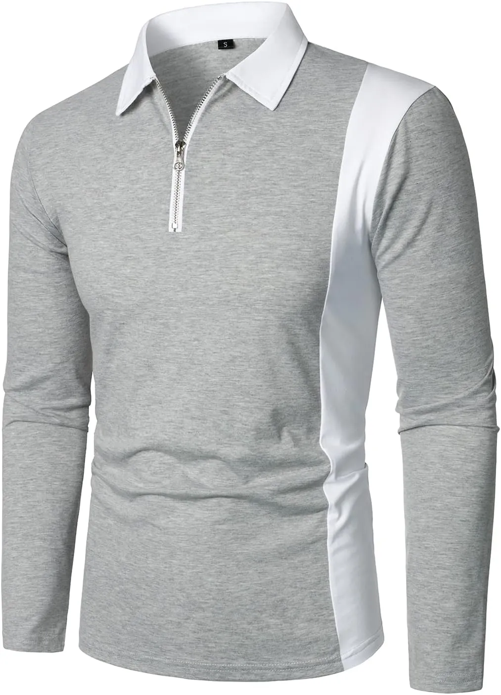 HOOD CREW Mens Long Sleeve Polo Shirts Fashion Color Block Zipper T Shirts