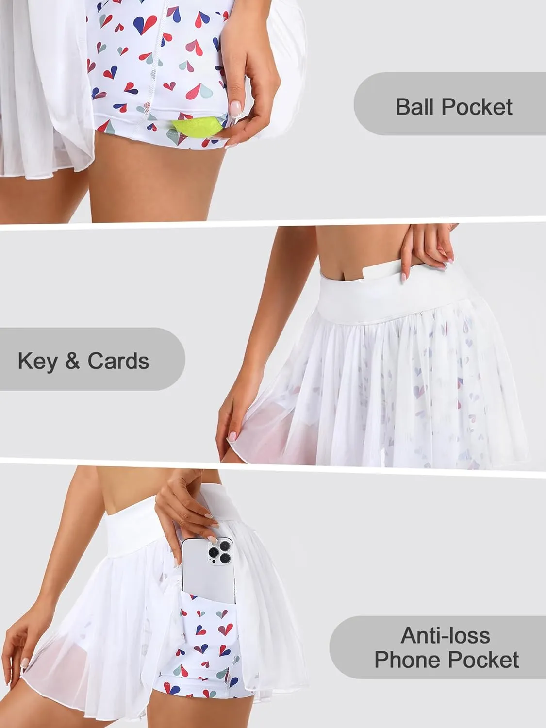 Ibeauti Womens Mini Flowy Skort High Waisted Pleated Tennis Golf Skirts Mesh Ruffler Athletic Skirt with Shorts Pockets
