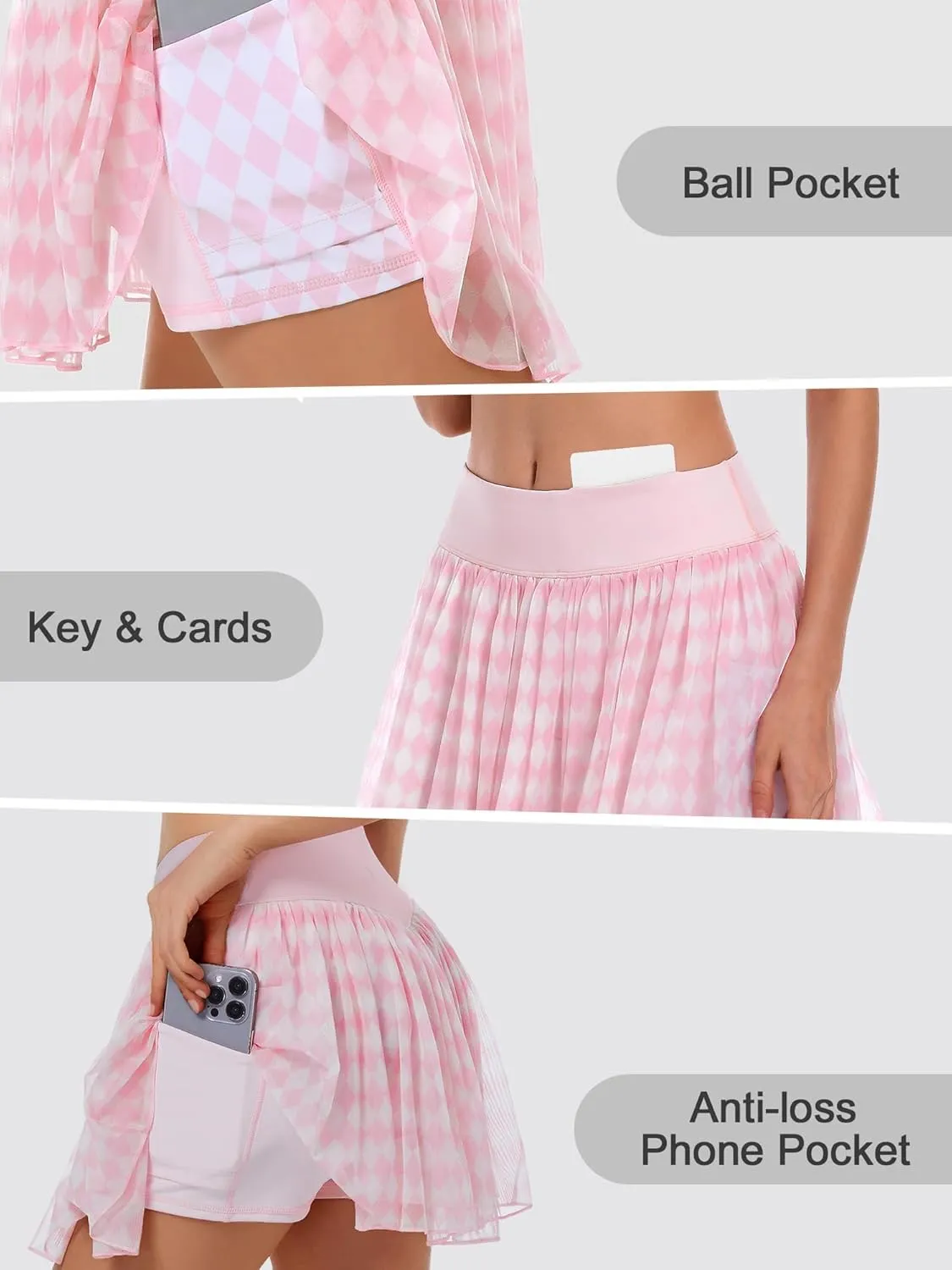 Ibeauti Womens Mini Flowy Skort High Waisted Pleated Tennis Golf Skirts Mesh Ruffler Athletic Skirt with Shorts Pockets