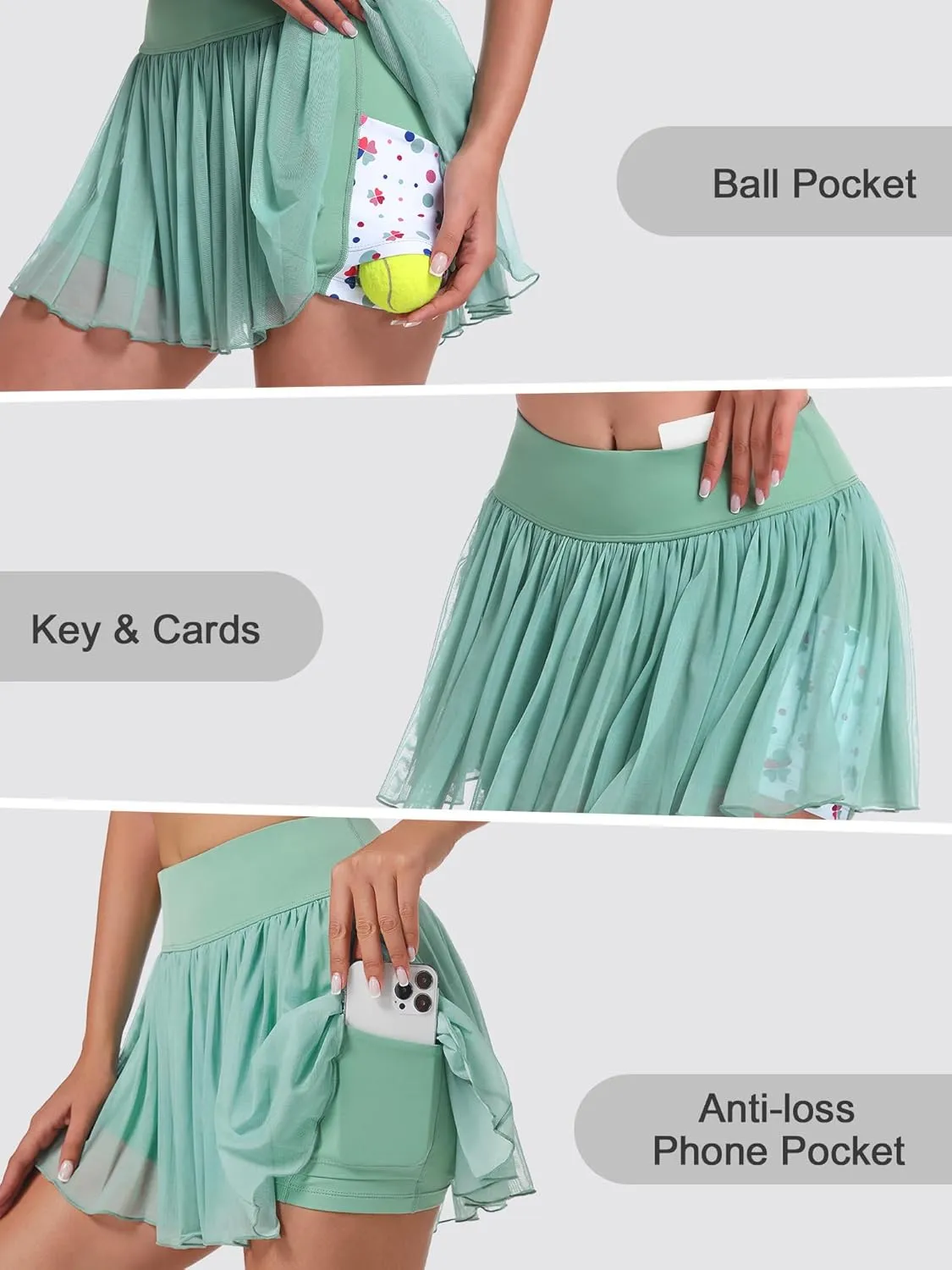 Ibeauti Womens Mini Flowy Skort High Waisted Pleated Tennis Golf Skirts Mesh Ruffler Athletic Skirt with Shorts Pockets