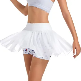 Ibeauti Womens Mini Flowy Skort High Waisted Pleated Tennis Golf Skirts Mesh Ruffler Athletic Skirt with Shorts Pockets