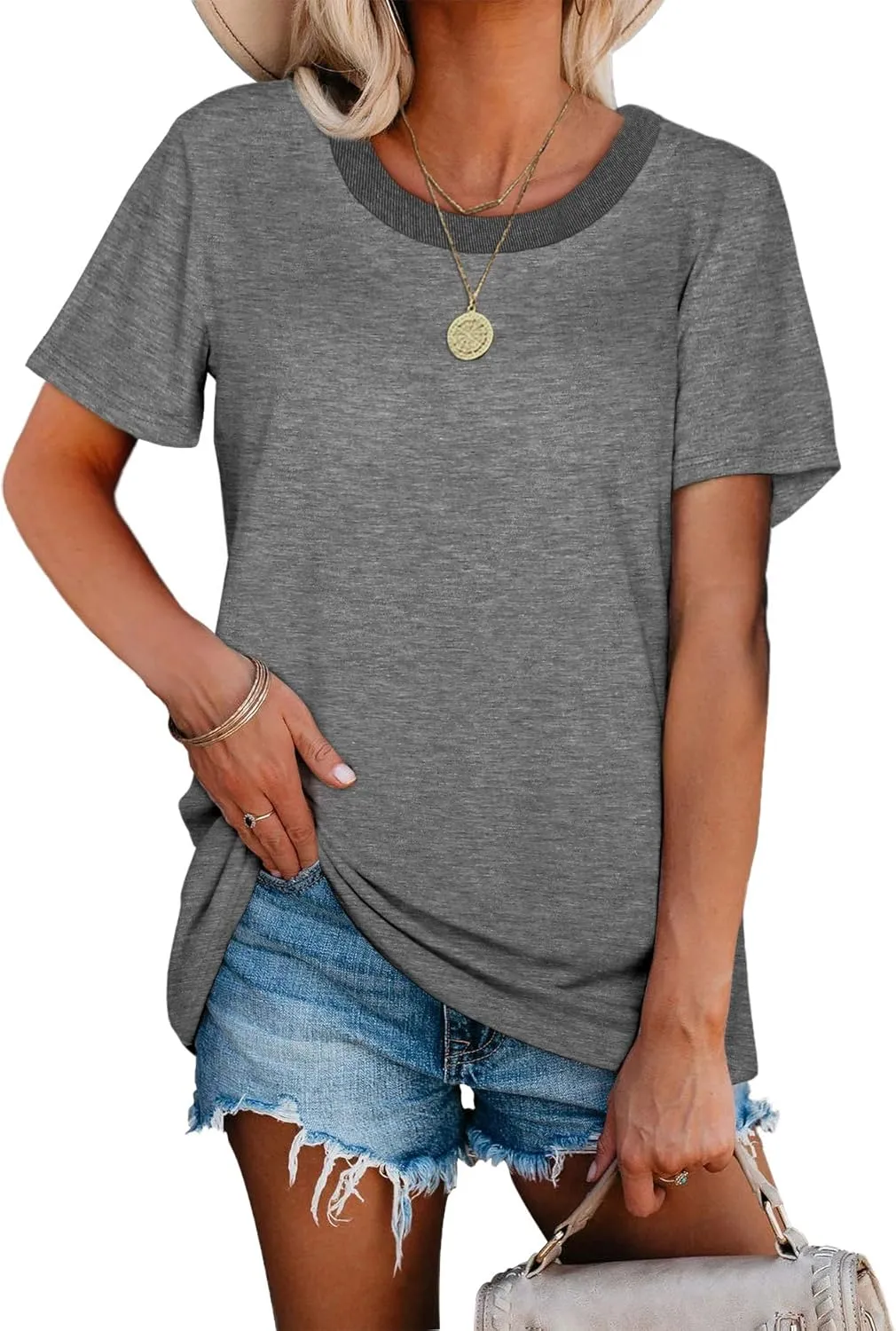 Jescakoo Womens Tops Summer Short Sleeve Ribbed Trim Crewneck T Shirts Fashion Basic Tee