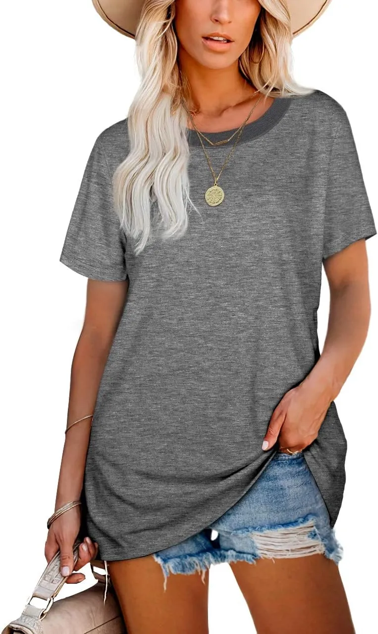 Jescakoo Womens Tops Summer Short Sleeve Ribbed Trim Crewneck T Shirts Fashion Basic Tee
