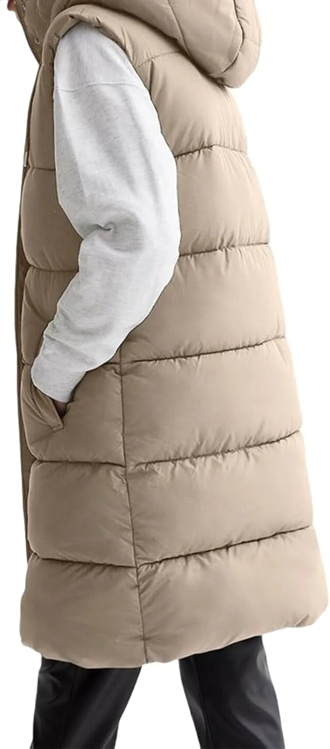 Long Vest for Women Sleeveless Puffer Winter Coats Hooded Oversized Cotton Padded Down Coat Puffy Jackets with Pockets