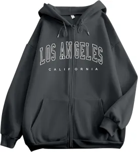 Los Angeles California Vintage Hoodies for Women Cool Zip Up Preppy Hooded Tops Fall Drawstring Letter Graphic Zipper