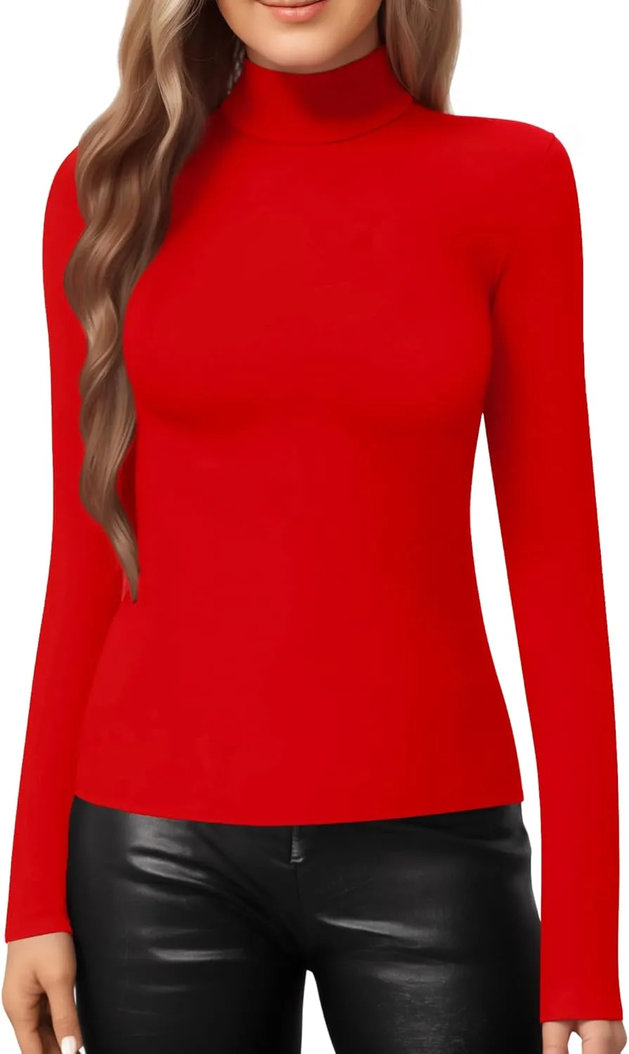 MANGOPOP Women's Mock Turtle Neck Slim Fit Half Elbow Short 3/4 Short Long Sleeve T Shirts Tight Tops Tee