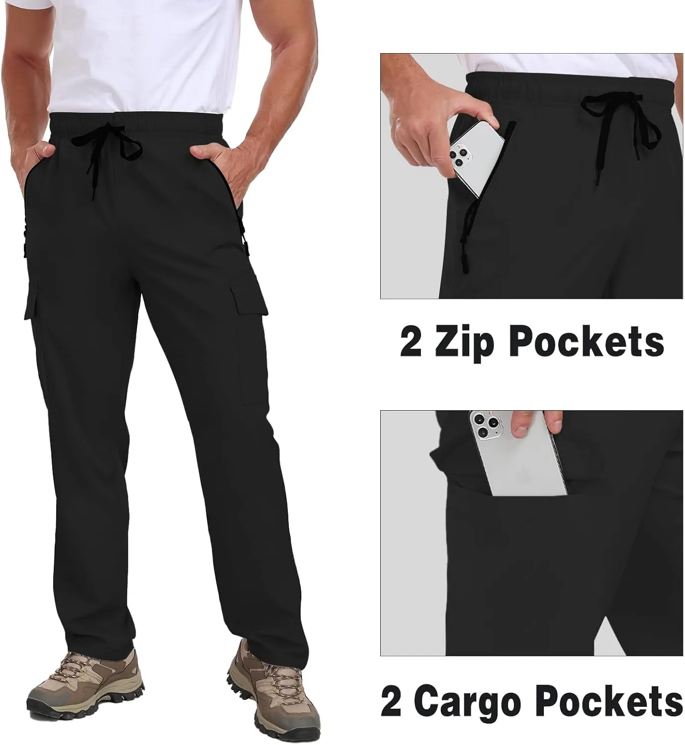 Men's Hiking Pants UPF 50  Cargo Quick Dry Water Resistant Elastic Waist Zip Pockets Travel Work Lightweight Running