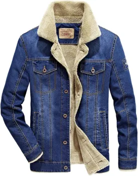 Mens Sherpa Fleece Lined Denim Trucker Jackets Cotton Military Cargo Coats Winter Lapel Slim Cowboy Jean Jackets L-4XL