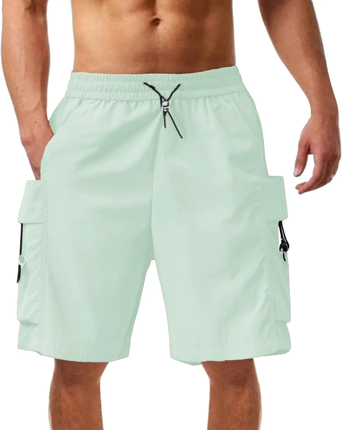 Mens Shorts Cargo Elastic Waist Lightweight Straight Leg Work Shorts Relaxed Fit Multi Pockets Travel Hiking Pants