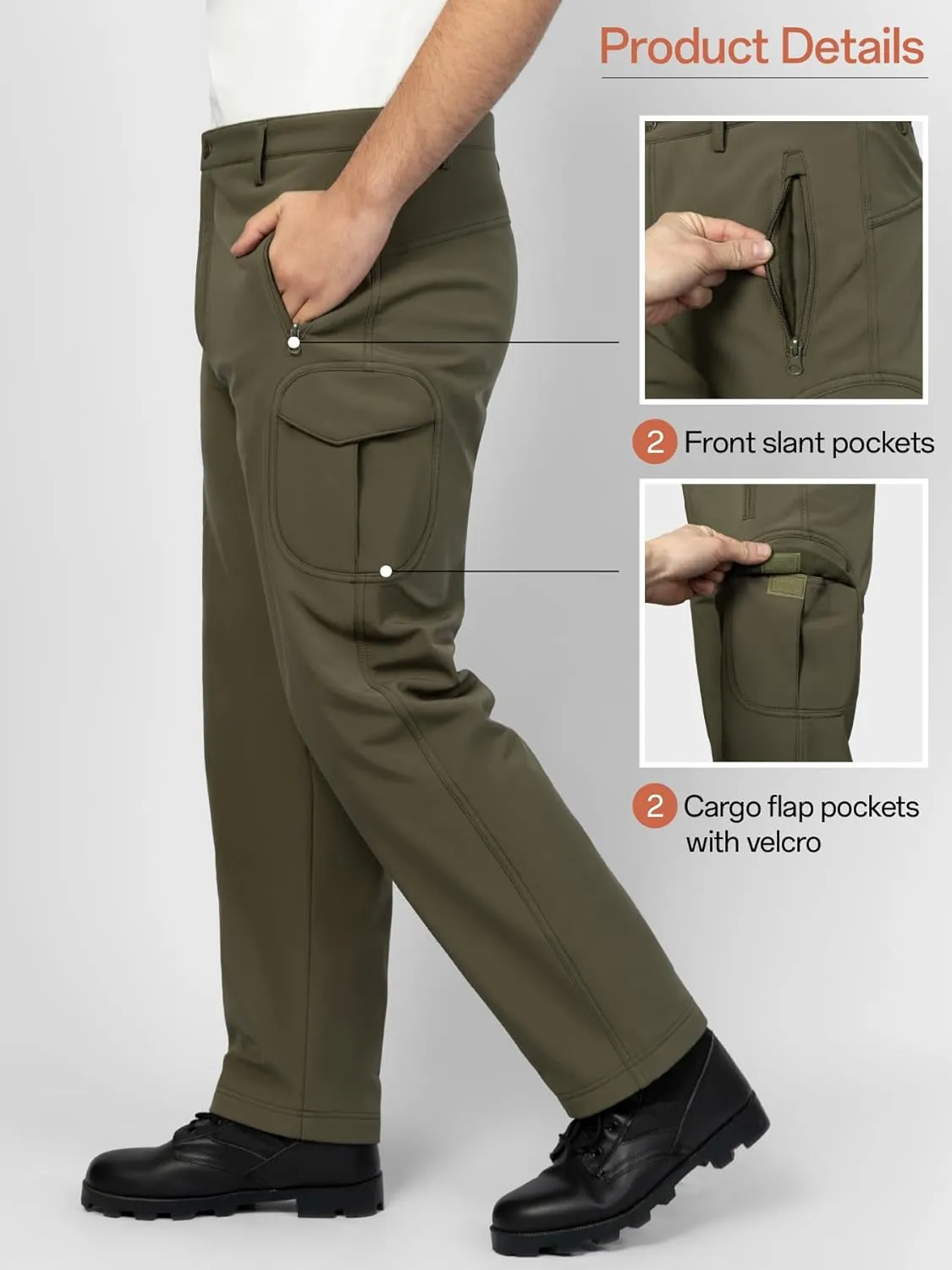 Men's Waterproof Softshell Fleece-Lined Cargo Pants for Snow, Skiing, Hiking, Outdoor Sports