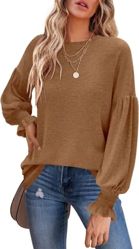 MIHOLL Womens Long Sleeve Tops Crew Neck Ruffle Lantern Sleeve Casual Loose Blouse T Shirts