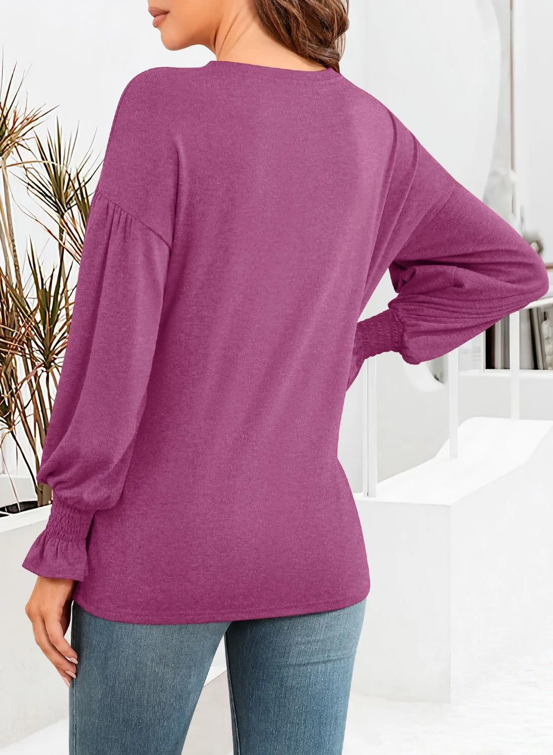 MIHOLL Womens Long Sleeve Tops Crew Neck Ruffle Lantern Sleeve Casual Loose Blouse T Shirts