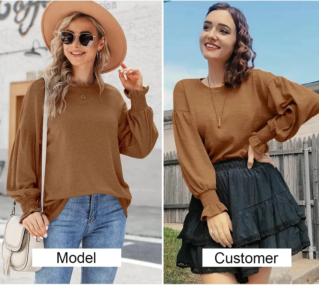 MIHOLL Womens Long Sleeve Tops Crew Neck Ruffle Lantern Sleeve Casual Loose Blouse T Shirts