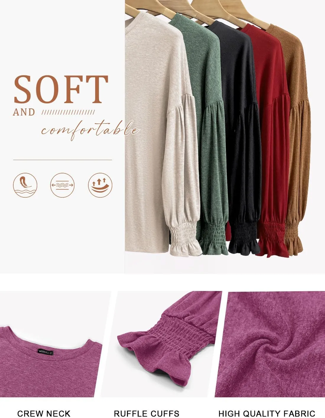 MIHOLL Womens Long Sleeve Tops Crew Neck Ruffle Lantern Sleeve Casual Loose Blouse T Shirts