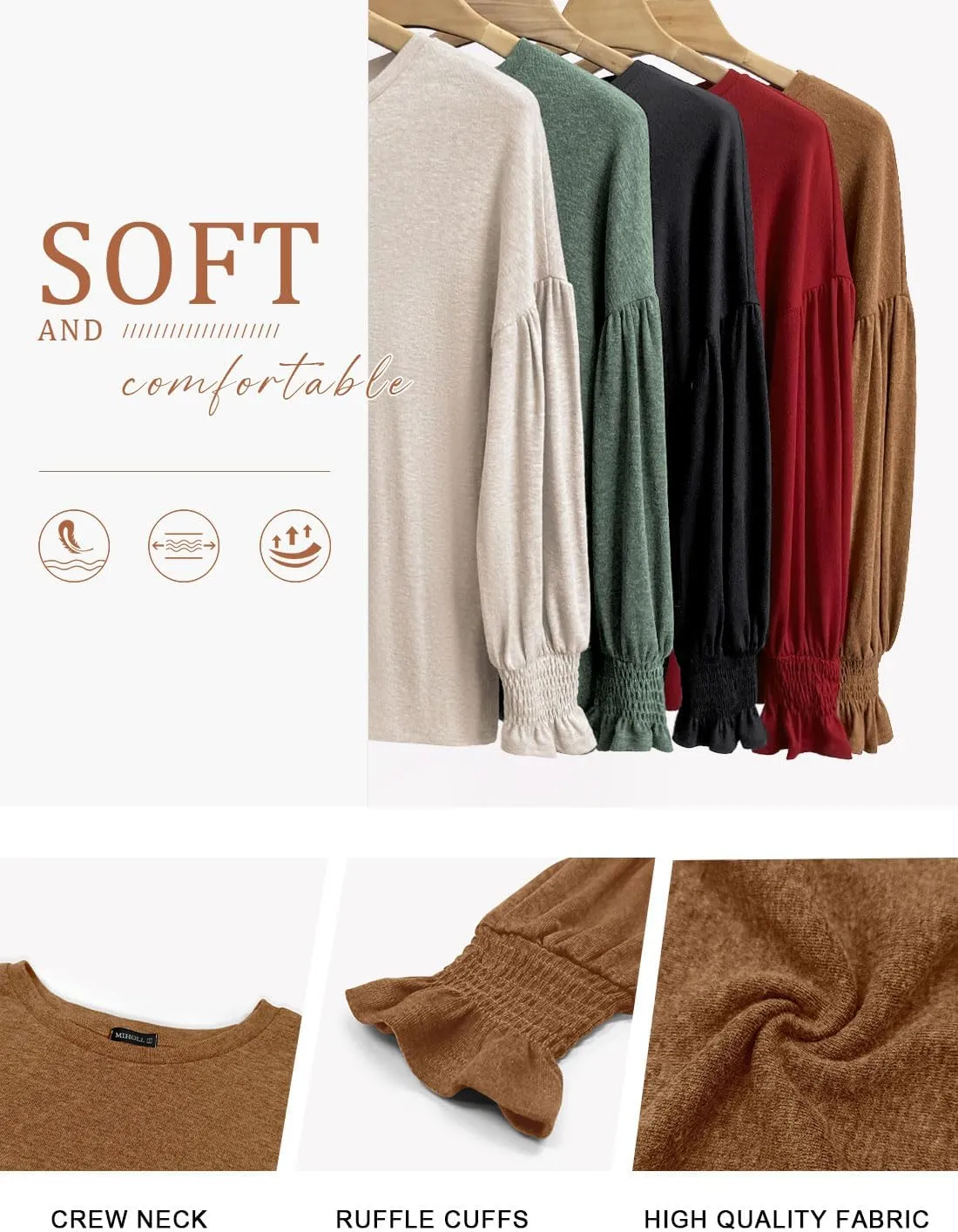 MIHOLL Womens Long Sleeve Tops Crew Neck Ruffle Lantern Sleeve Casual Loose Blouse T Shirts