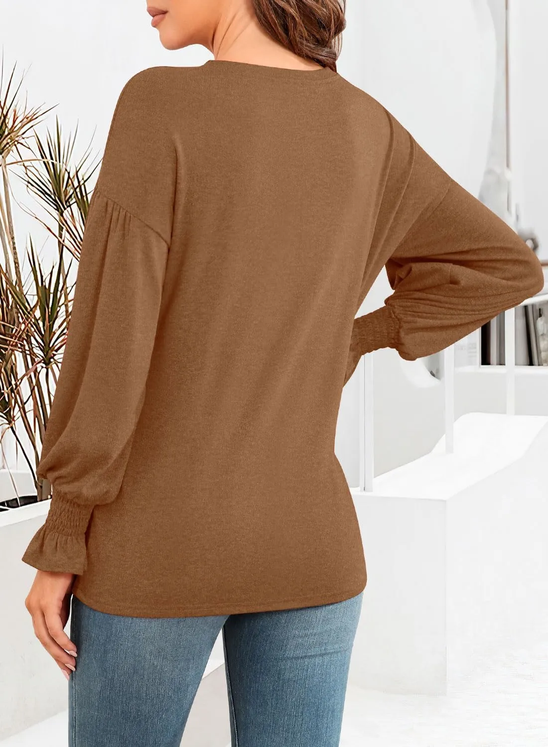 MIHOLL Womens Long Sleeve Tops Crew Neck Ruffle Lantern Sleeve Casual Loose Blouse T Shirts