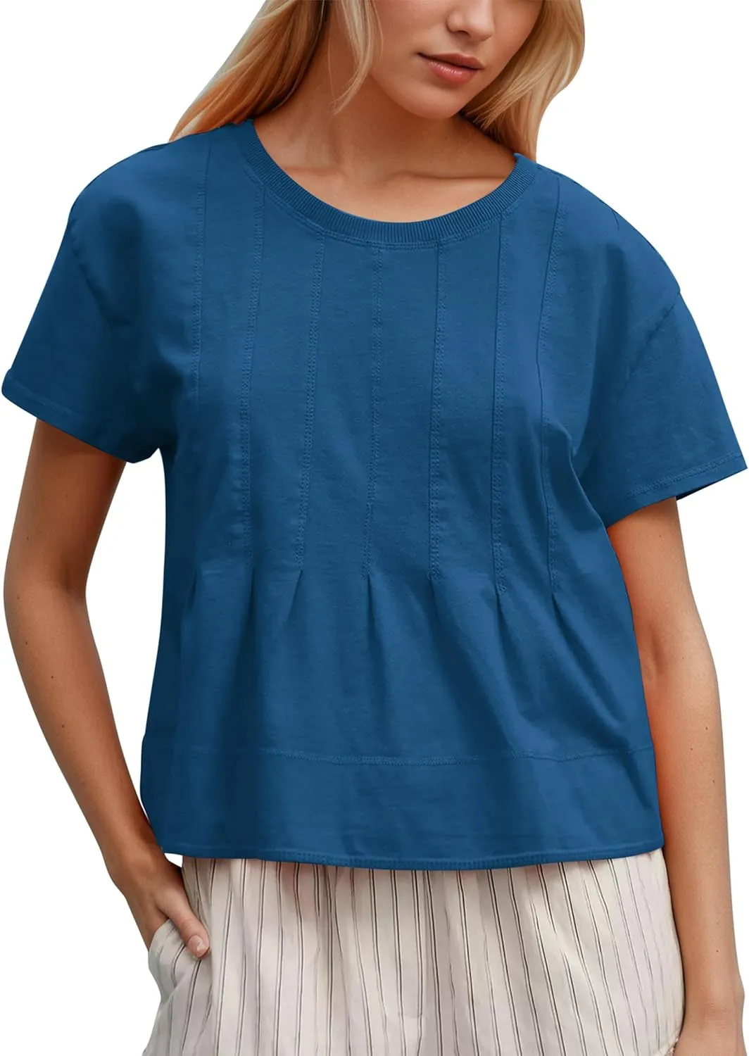 MISSACTIVER Womens Peplum Tops Short Sleeve Pleated T Shirts Babydoll Top Summer Flowy Tshirts Blouses