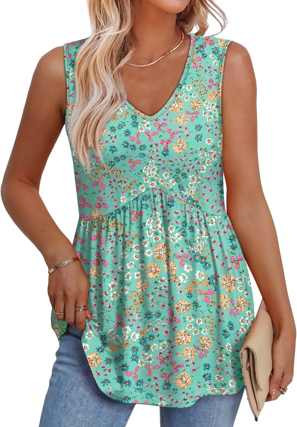 OFEEFAN Womens Tank Tops 2025 Flowy Peplum Tops for Women Dressy Sleeveless V Neck Babydoll Tank Tops