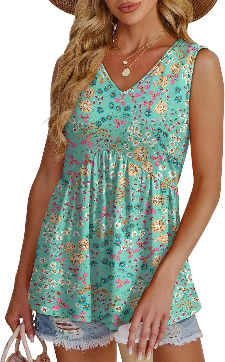 OFEEFAN Womens Tank Tops 2025 Flowy Peplum Tops for Women Dressy Sleeveless V Neck Babydoll Tank Tops