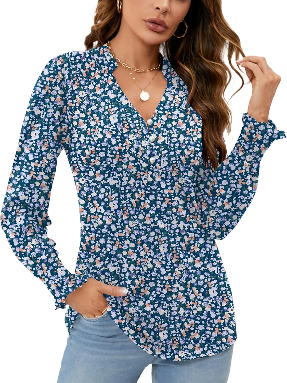 Rapbin Womens V Neck Puff Long Sleeve Button Down Tunic Blouses Fall Tops 2025 Ruffle Cuffs Dressy Casual T-Shirts