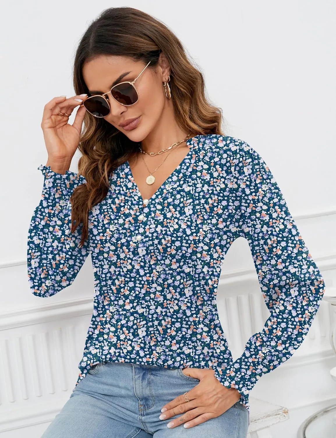 Rapbin Womens V Neck Puff Long Sleeve Button Down Tunic Blouses Fall Tops 2025 Ruffle Cuffs Dressy Casual T-Shirts