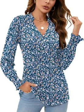 Rapbin Womens V Neck Puff Long Sleeve Button Down Tunic Blouses Fall Tops 2025 Ruffle Cuffs Dressy Casual T-Shirts