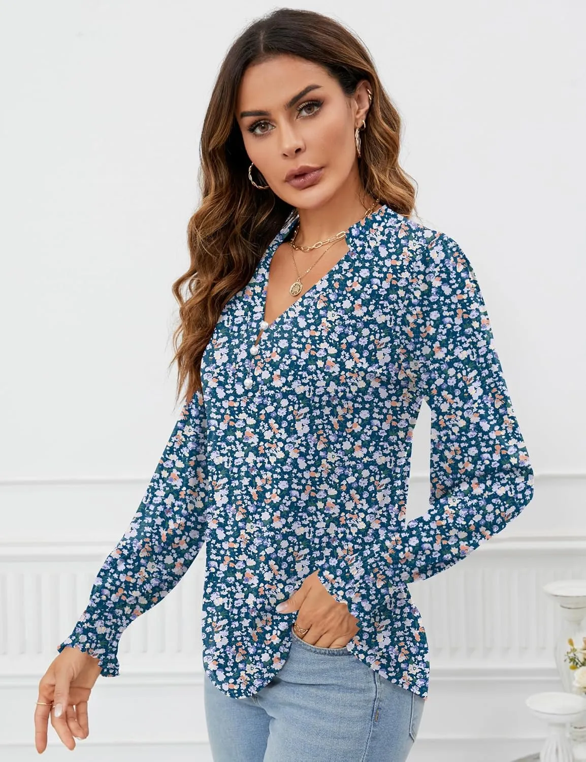 Rapbin Womens V Neck Puff Long Sleeve Button Down Tunic Blouses Fall Tops 2025 Ruffle Cuffs Dressy Casual T-Shirts