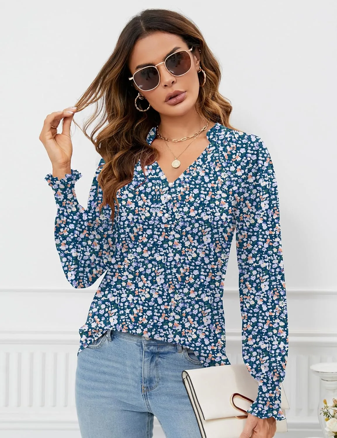Rapbin Womens V Neck Puff Long Sleeve Button Down Tunic Blouses Fall Tops 2025 Ruffle Cuffs Dressy Casual T-Shirts