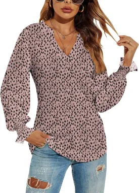 Romanstii Women's Casual V-Neck T-Shirts Loose Puff Long Sleeve Tops Tunic Blouses