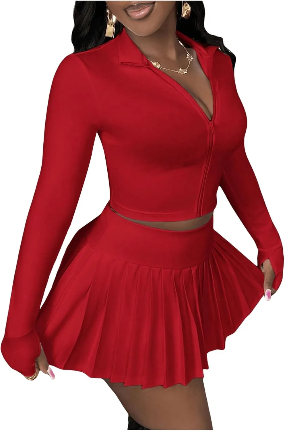 SOLY HUX Women's Skirt Sets 2 Piece Outfits Long Sleeve Crop Top with Pleated Mini Skirt Set Party Outfits for Women