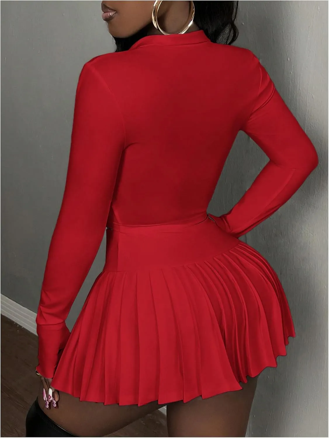 SOLY HUX Women's Skirt Sets 2 Piece Outfits Long Sleeve Crop Top with Pleated Mini Skirt Set Party Outfits for Women