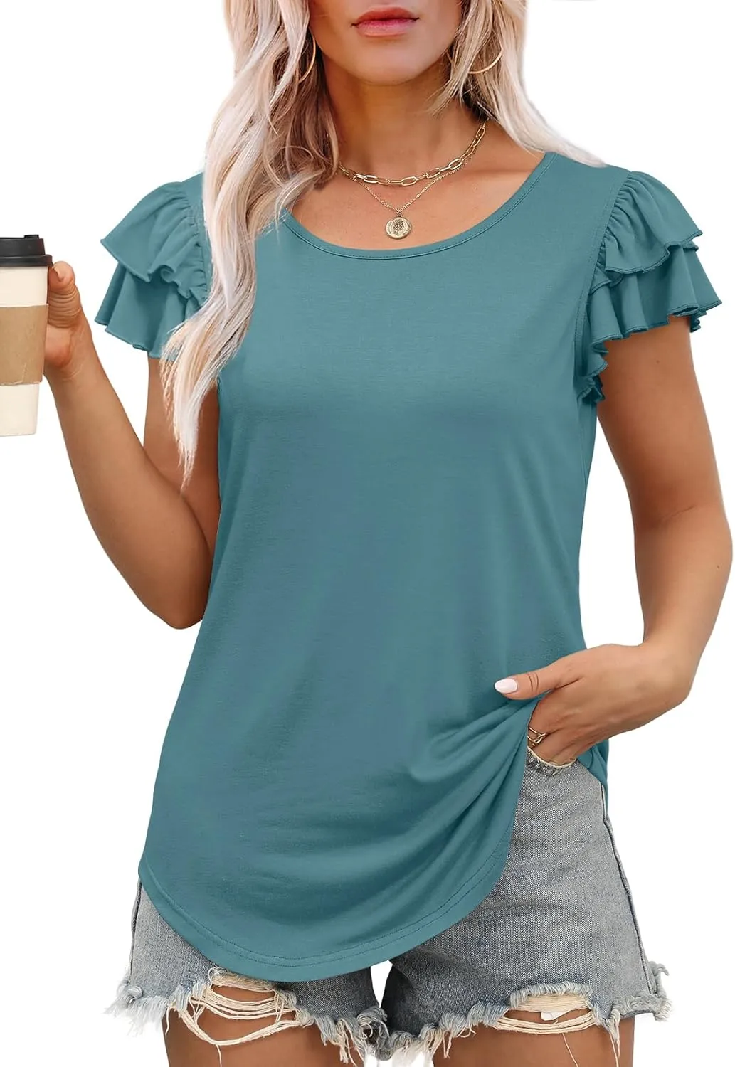 WEESO Womens T Shirts Ruffle Short Sleeve Summer Tops Cute Crew Neck Casual Blouses