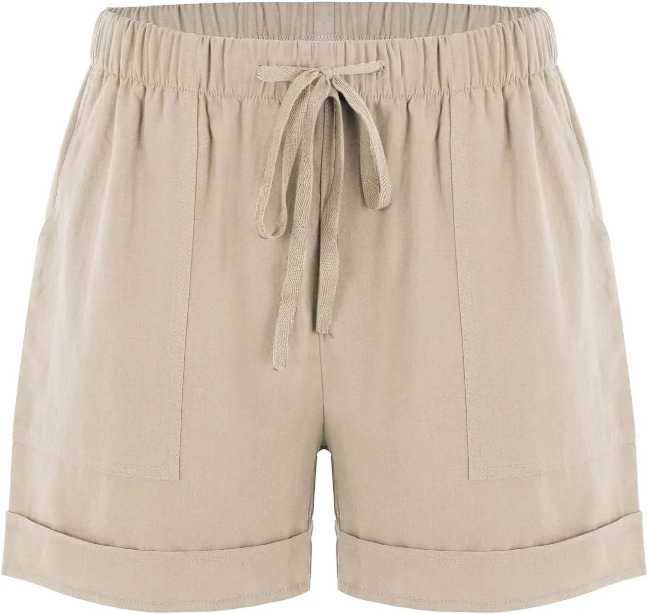 Women Casual Cotton Linen Shorts Drawstring Comfy Elastic Waist Shorts Summer Pull On Short with Pockets(S-3XL)