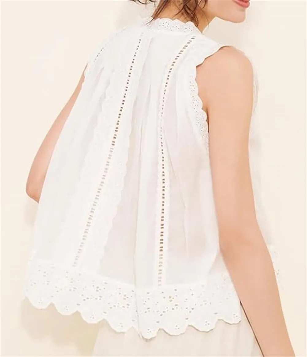 Women Lace Trim Tank Top Vneck Sleeveless Eyelet Embroidery Peplum Shirt Y2k Going Out Vacation Flowy Cami Shirt