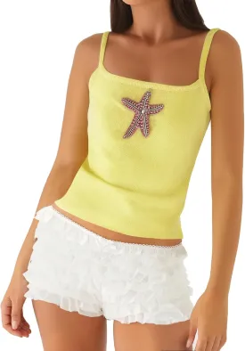 Women Starfish Knit Tank Top Y2k Teen Girl Sleeveless Backless Cropped Top Spaghetti Strap Slim Fit Cami Tops