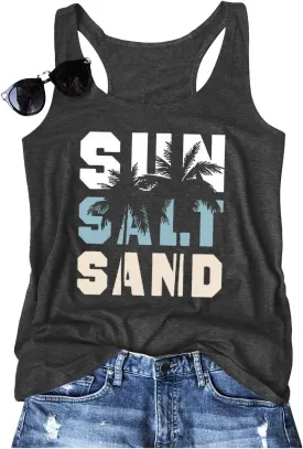 Women Vintage Beach Graphic Racerback Tank Top Summer Vacation Hawaiian Sunset Sun Sand Sleeveless Basic-Fit Shirt Cami