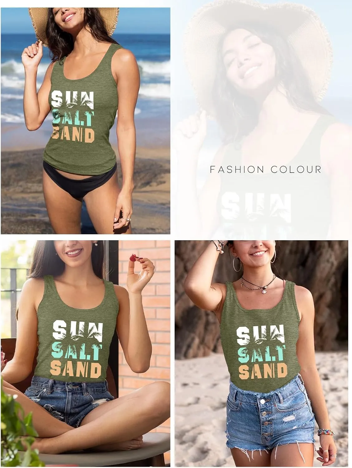 Women Vintage Beach Graphic Racerback Tank Top Summer Vacation Hawaiian Sunset Sun Sand Sleeveless Basic-Fit Shirt Cami