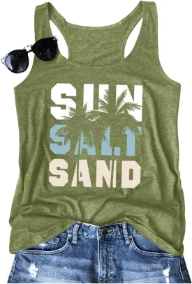 Women Vintage Beach Graphic Racerback Tank Top Summer Vacation Hawaiian Sunset Sun Sand Sleeveless Basic-Fit Shirt Cami