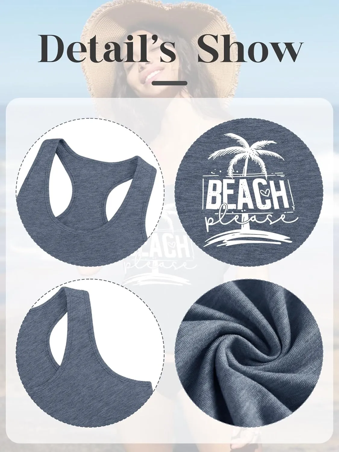 Women Vintage Beach Graphic Racerback Tank Top Summer Vacation Hawaiian Sunset Sun Sand Sleeveless Basic-Fit Shirt Cami