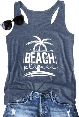 Women Vintage Beach Graphic Racerback Tank Top Summer Vacation Hawaiian Sunset Sun Sand Sleeveless Basic-Fit Shirt Cami