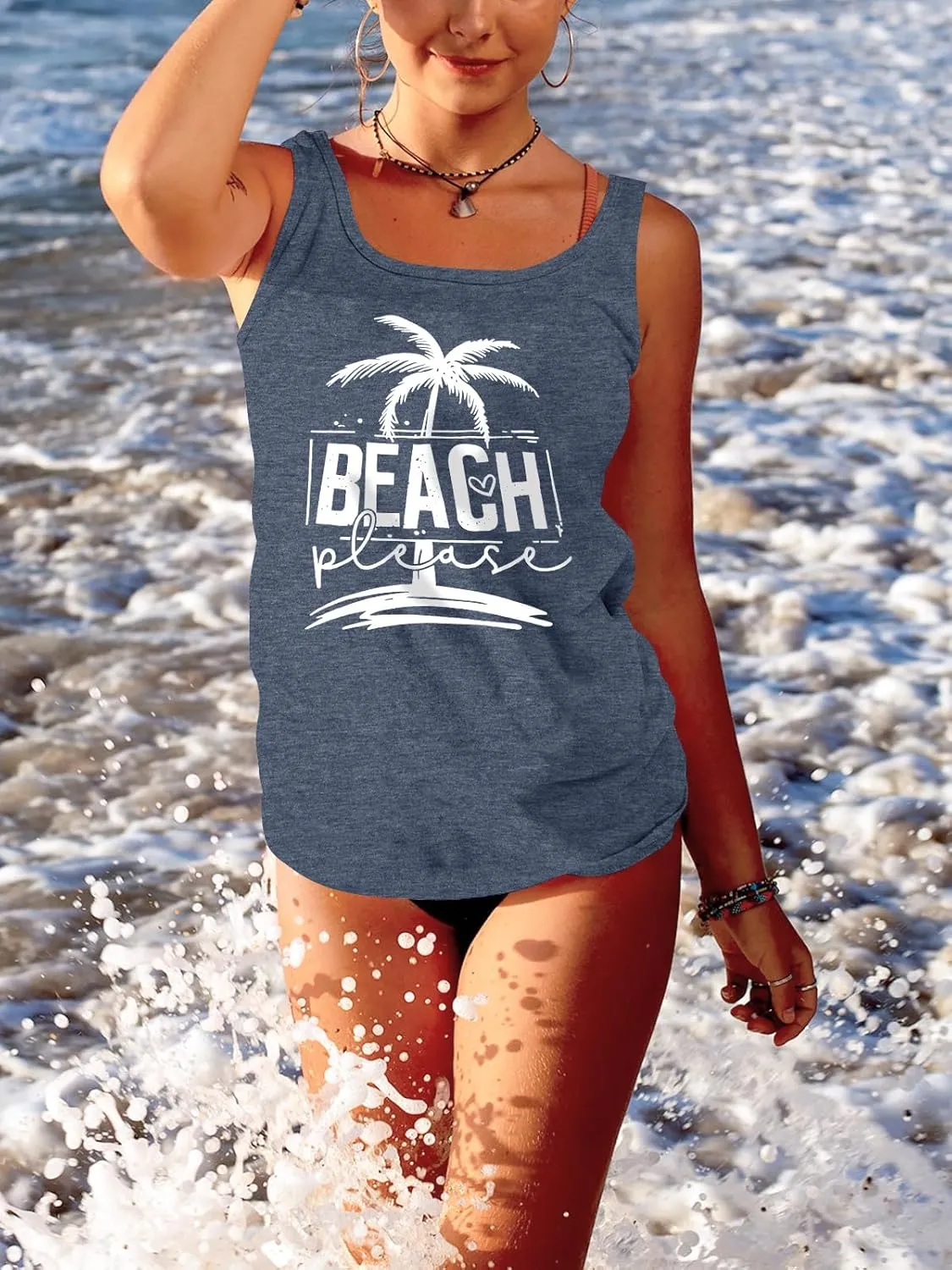 Women Vintage Beach Graphic Racerback Tank Top Summer Vacation Hawaiian Sunset Sun Sand Sleeveless Basic-Fit Shirt Cami