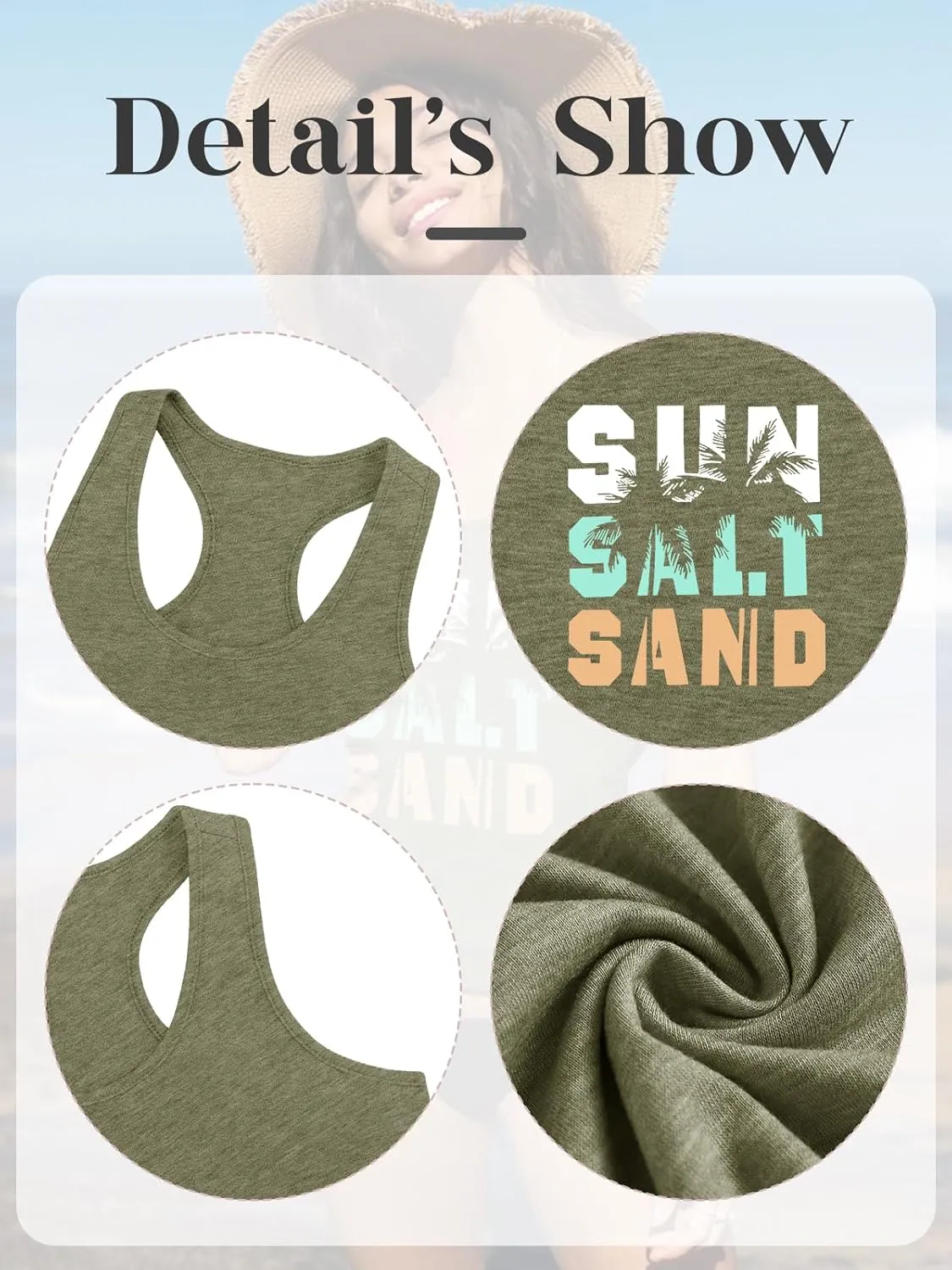 Women Vintage Beach Graphic Racerback Tank Top Summer Vacation Hawaiian Sunset Sun Sand Sleeveless Basic-Fit Shirt Cami